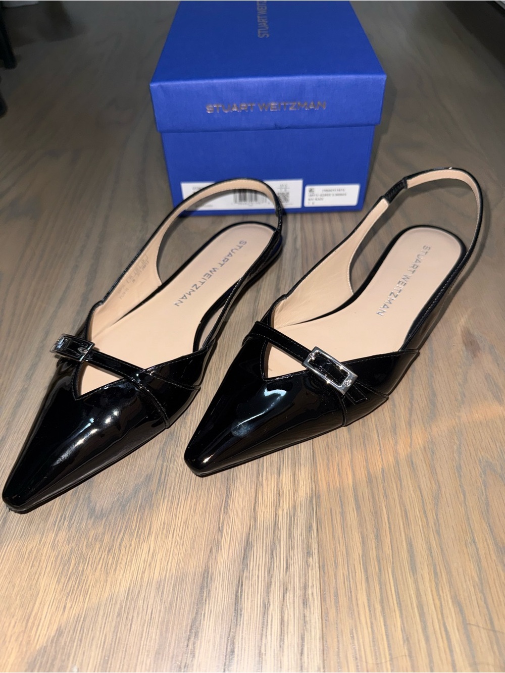 Stuart Weitzman Black Patent Pointed Slingback Flats with Buckle